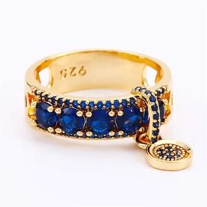 NEW LUXURY 925 STERLING Vintage Rose Gold & Blue Zicron Gemstone Band Charm Ring